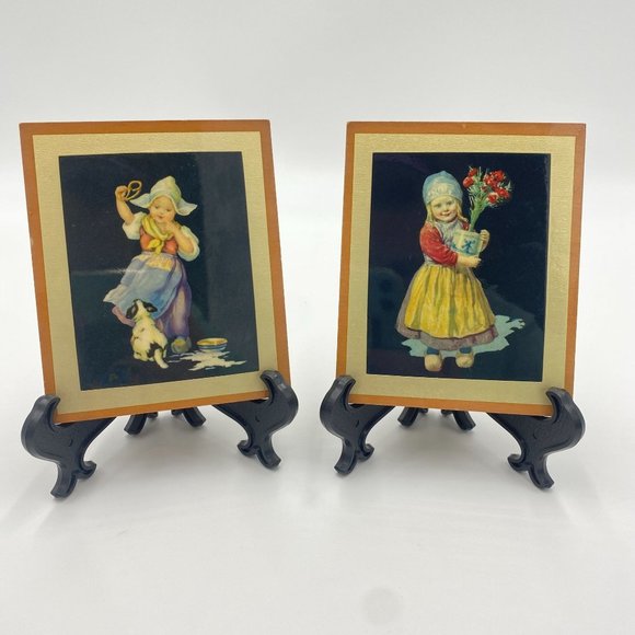 2 Small Antique Wooden Frame Swiss Girls Child Pretzel Jack Russell Terrier Dog - Picture 1 of 9